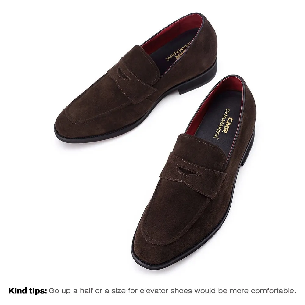 6 CM/ 2.36 Inches Taller - CMR CHAMARIPA - Hidden Heel Shoes For Men - Men's Elevator Shoes - Brown Suede Leather Penny Loafer