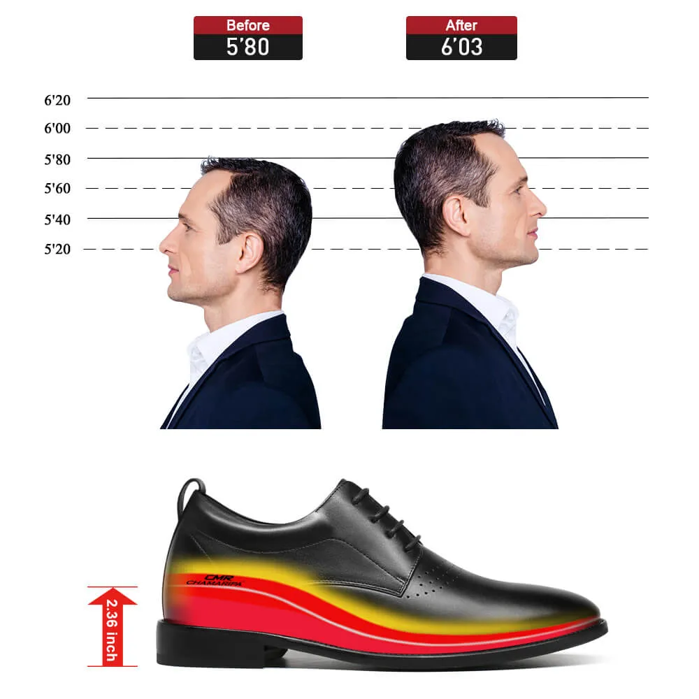 6CM/2.36 Inches CMR CHAMARIPA Height Increasing Shoes Black Calfskin Height Increasing Dress Shoes - Elevate Your Presence