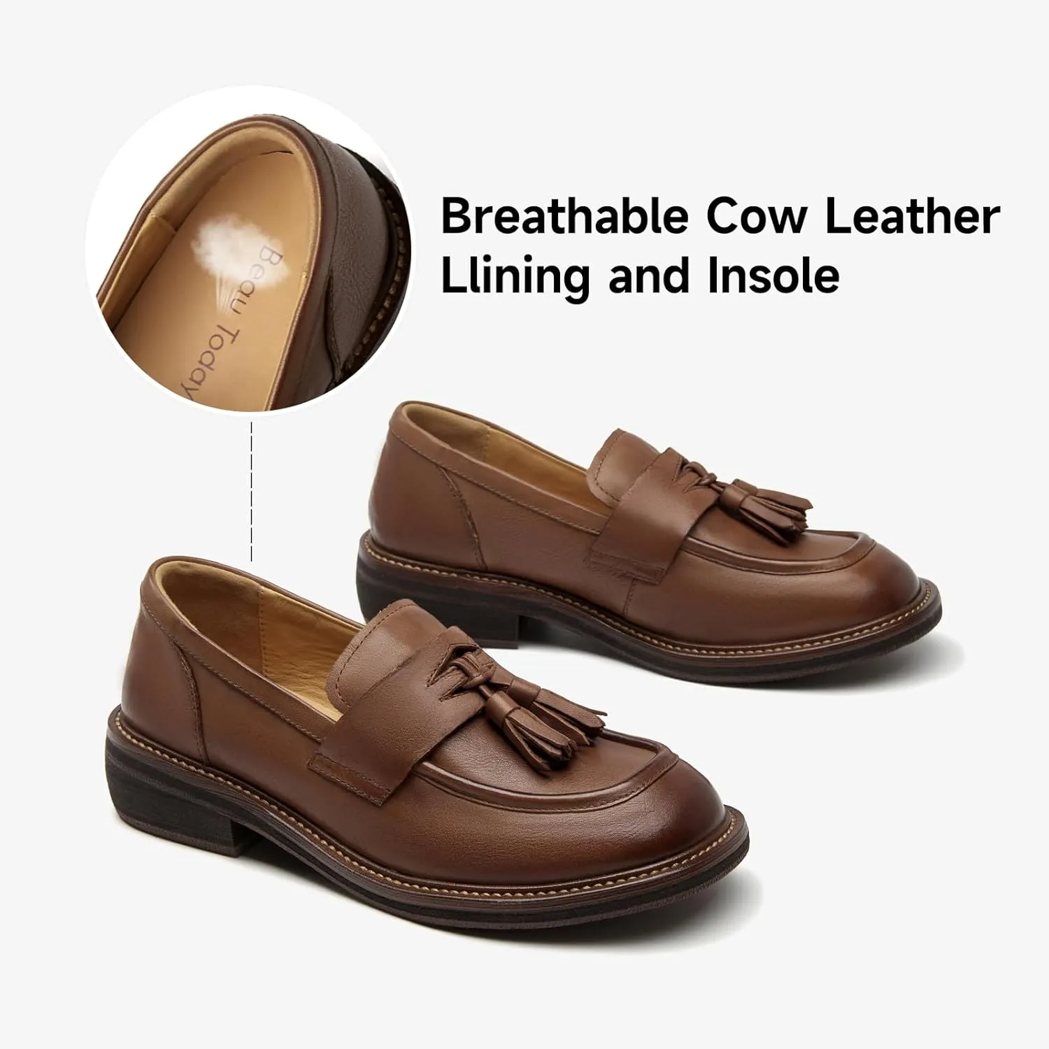 BEAU TODAY Penny Loafers for Women, Womens Slip On Leather Loafers, Chunky Tassel Loafers Square Toe Shoes, Comfortable Dressy Business Casual Non-Slip Office Ladies Shoes
