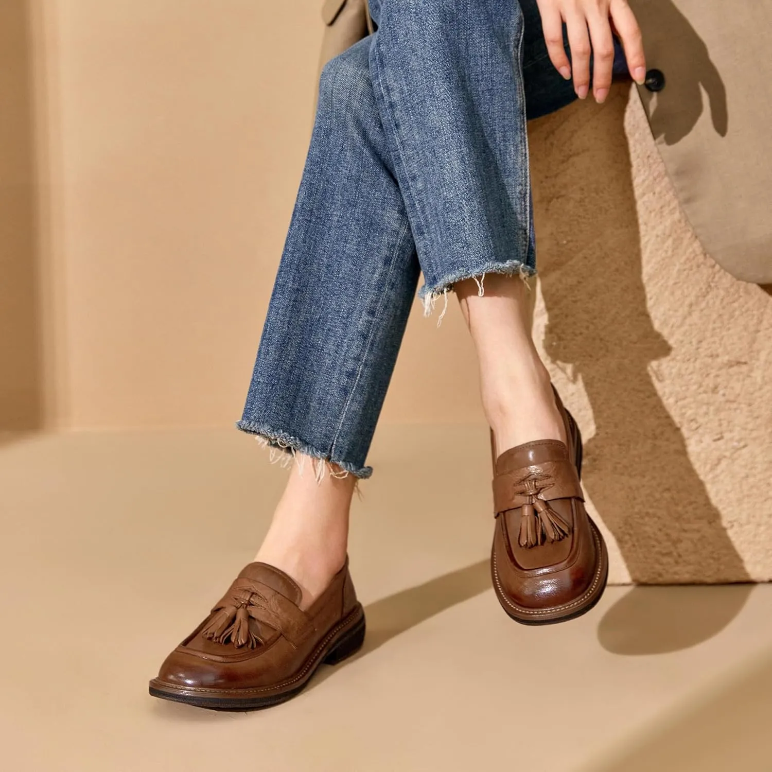 BEAU TODAY Penny Loafers for Women, Womens Slip On Leather Loafers, Chunky Tassel Loafers Square Toe Shoes, Comfortable Dressy Business Casual Non-Slip Office Ladies Shoes