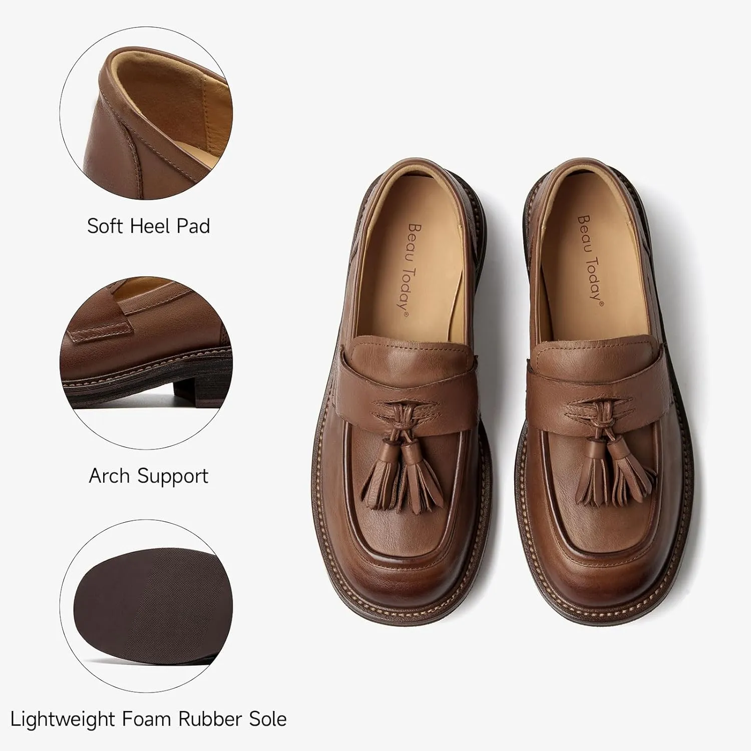 BEAU TODAY Penny Loafers for Women, Womens Slip On Leather Loafers, Chunky Tassel Loafers Square Toe Shoes, Comfortable Dressy Business Casual Non-Slip Office Ladies Shoes
