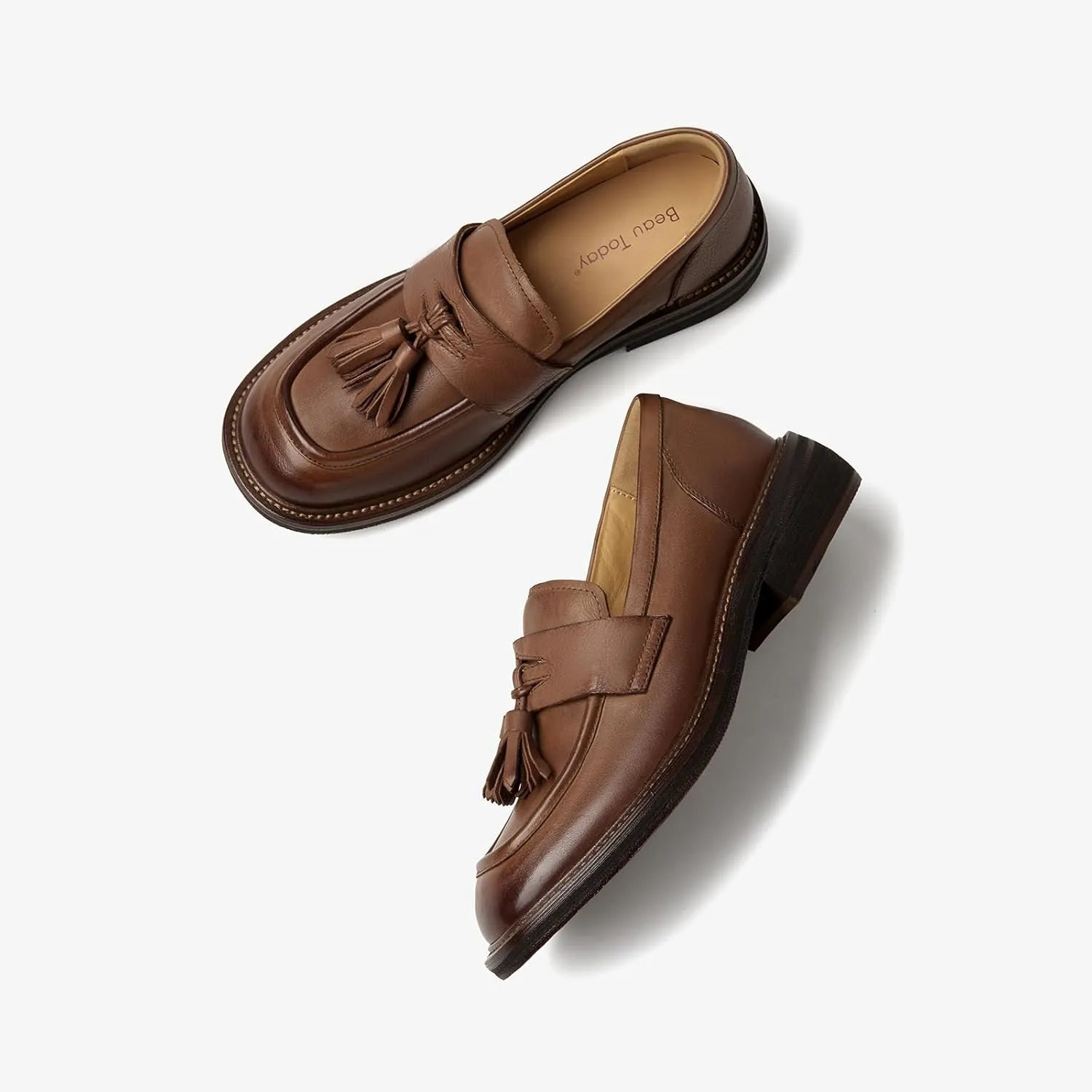 BEAU TODAY Penny Loafers for Women, Womens Slip On Leather Loafers, Chunky Tassel Loafers Square Toe Shoes, Comfortable Dressy Business Casual Non-Slip Office Ladies Shoes