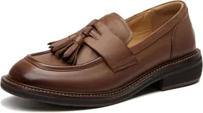 BEAU TODAY Penny Loafers for Women, Womens Slip On Leather Loafers, Chunky Tassel Loafers Square Toe Shoes, Comfortable Dressy Business Casual Non-Slip Office Ladies Shoes