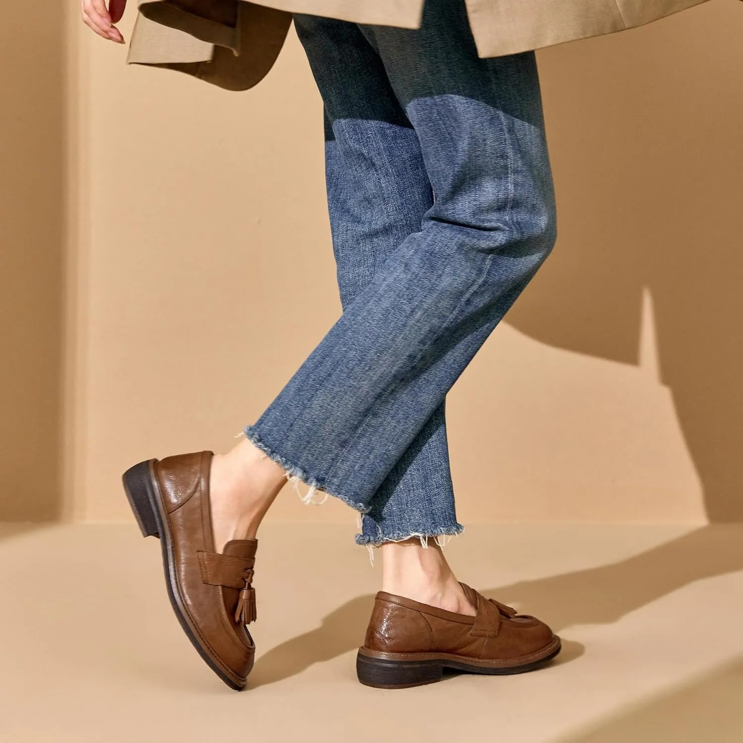 BEAU TODAY Penny Loafers for Women, Womens Slip On Leather Loafers, Chunky Tassel Loafers Square Toe Shoes, Comfortable Dressy Business Casual Non-Slip Office Ladies Shoes