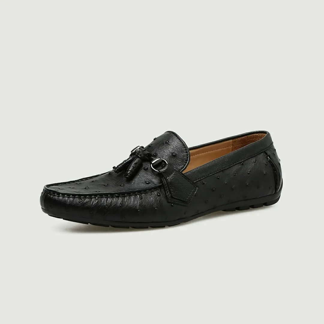 Black Ostrich Leather Balimo Slip On Tassel Horse Bit Loafers