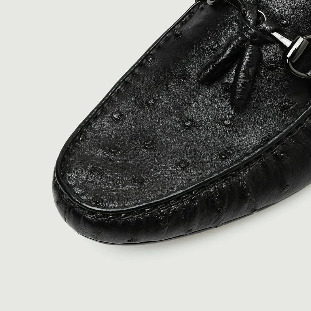 Black Ostrich Leather Balimo Slip On Tassel Horse Bit Loafers
