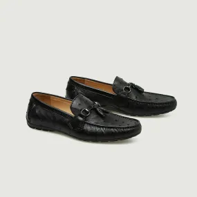 Black Ostrich Leather Balimo Slip On Tassel Horse Bit Loafers
