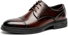 British Style Thick Bottom Men's Leather Shoes Genuine Leather Men's Business Korean Style Leather Shoes Men's Casual Brogue Wedding Shoes(Brown,38)