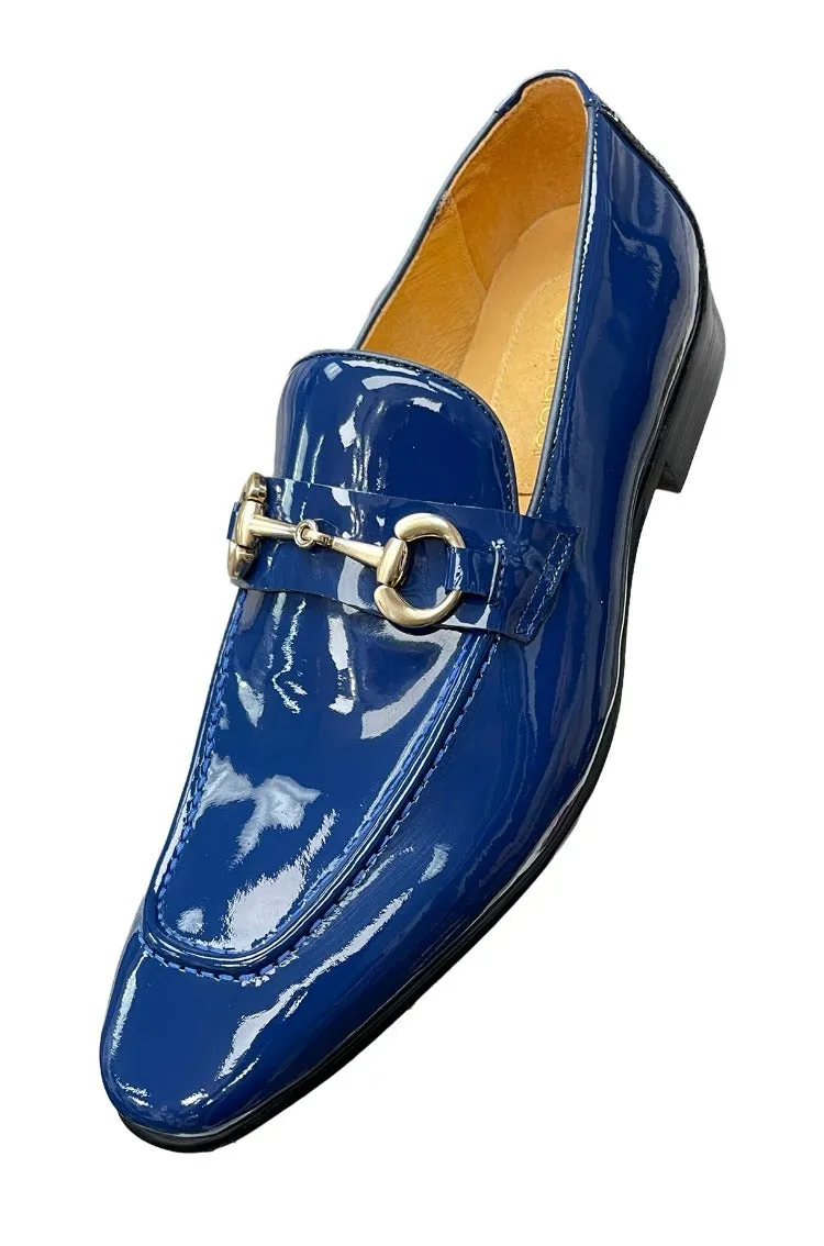 Carrucci Blue Patent Leather Men's Slip-On Dress Shoes Gold Buckle