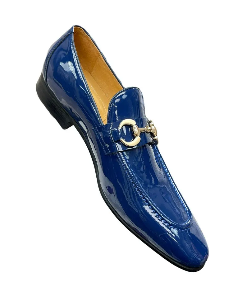 Carrucci Blue Patent Leather Men's Slip-On Dress Shoes Gold Buckle