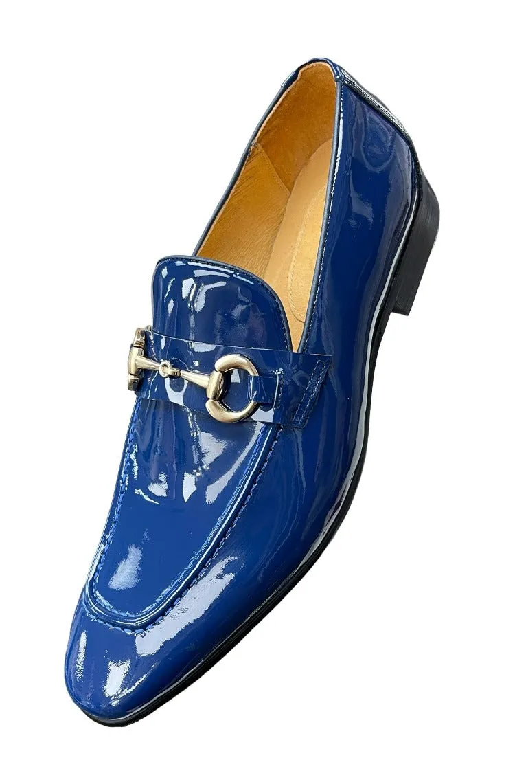 Carrucci Blue Patent Leather Men's Slip-On Dress Shoes Gold Buckle