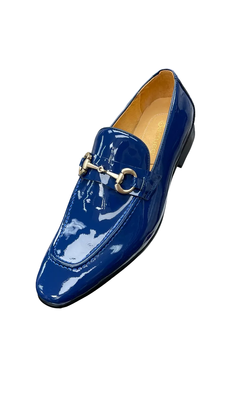Carrucci Blue Patent Leather Men's Slip-On Dress Shoes Gold Buckle