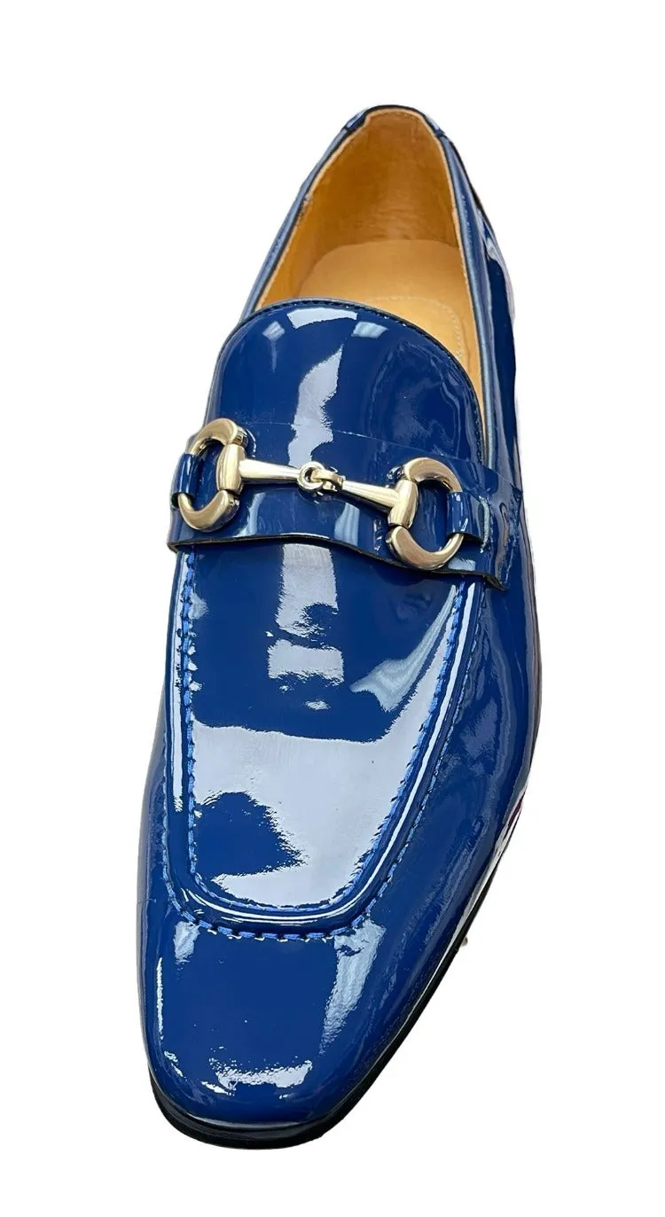 Carrucci Blue Patent Leather Men's Slip-On Dress Shoes Gold Buckle