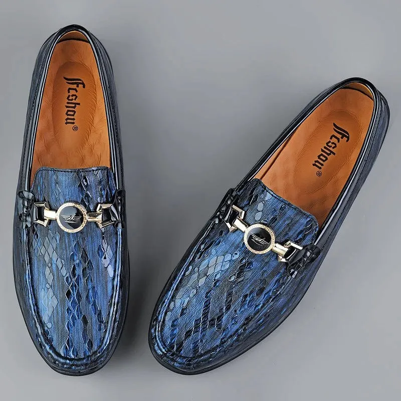 Genuine Leather Snake Pattern Slip-Ons