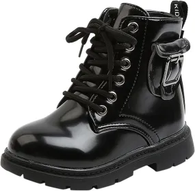 Girls Ankle Boots, Girls Leather Shoes Waterproof Leather Lace Up Short Boots Non Slip Breathable Snow Boots (A, 18-24 Months)