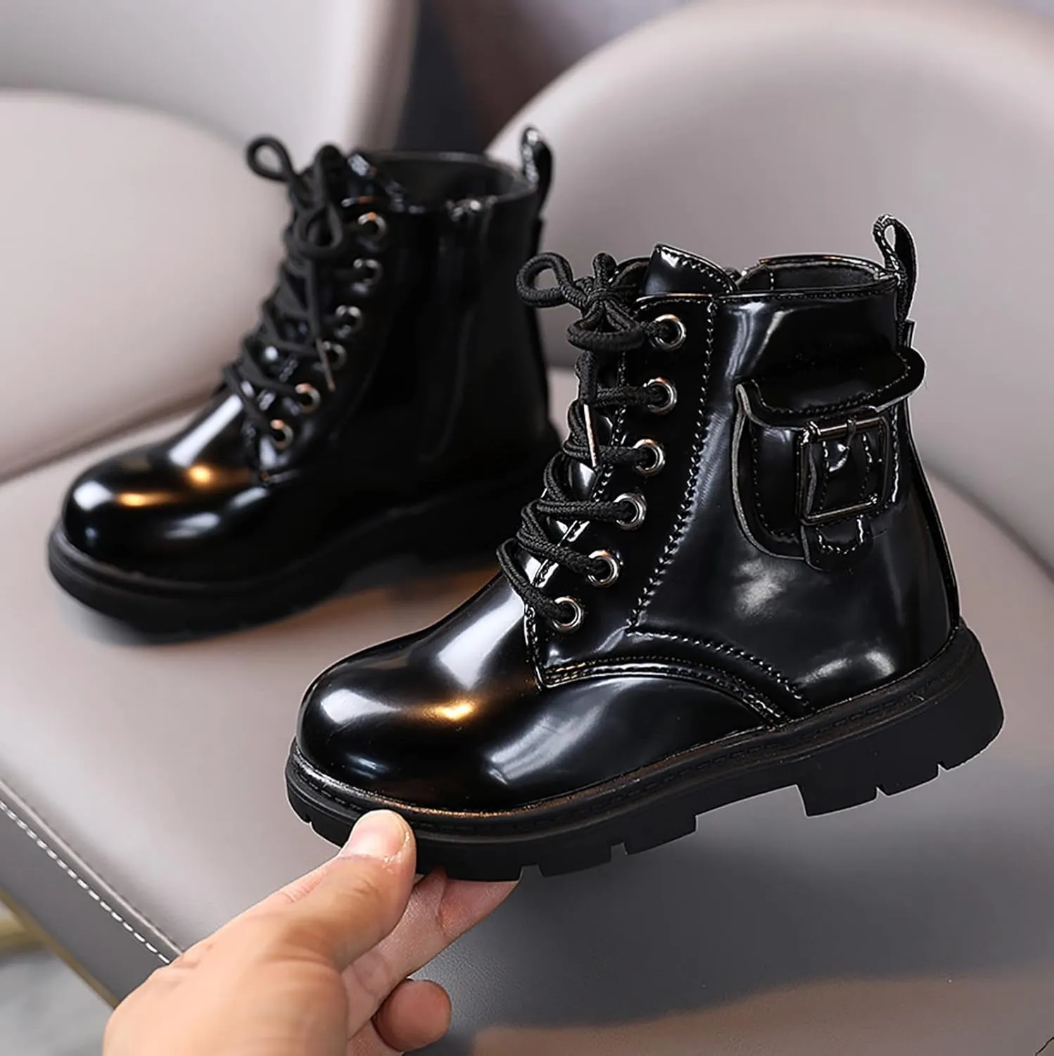 Girls Ankle Boots, Girls Leather Shoes Waterproof Leather Lace Up Short Boots Non Slip Breathable Snow Boots (A, 18-24 Months)
