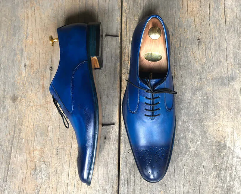 Handmade Men's Blue Brogue Leather Shoes, Men Pointed Toe Lace Up Dress Shoes