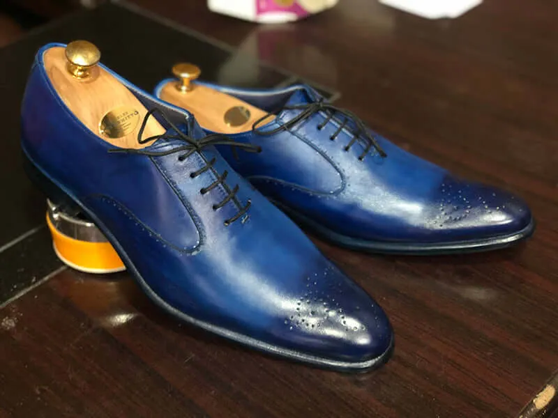 Handmade Men's Blue Brogue Leather Shoes, Men Pointed Toe Lace Up Dress Shoes