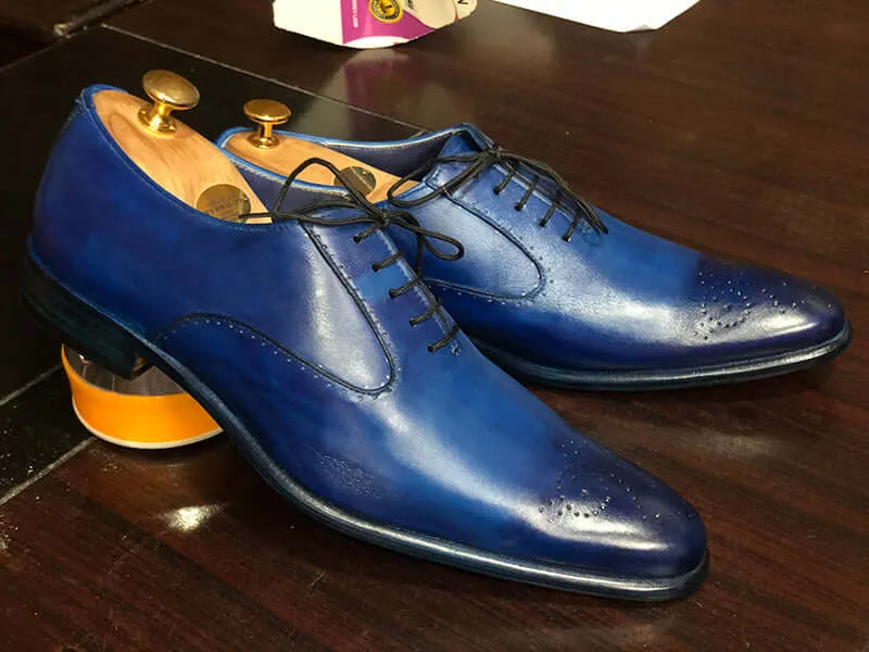Handmade Men's Blue Brogue Leather Shoes, Men Pointed Toe Lace Up Dress Shoes