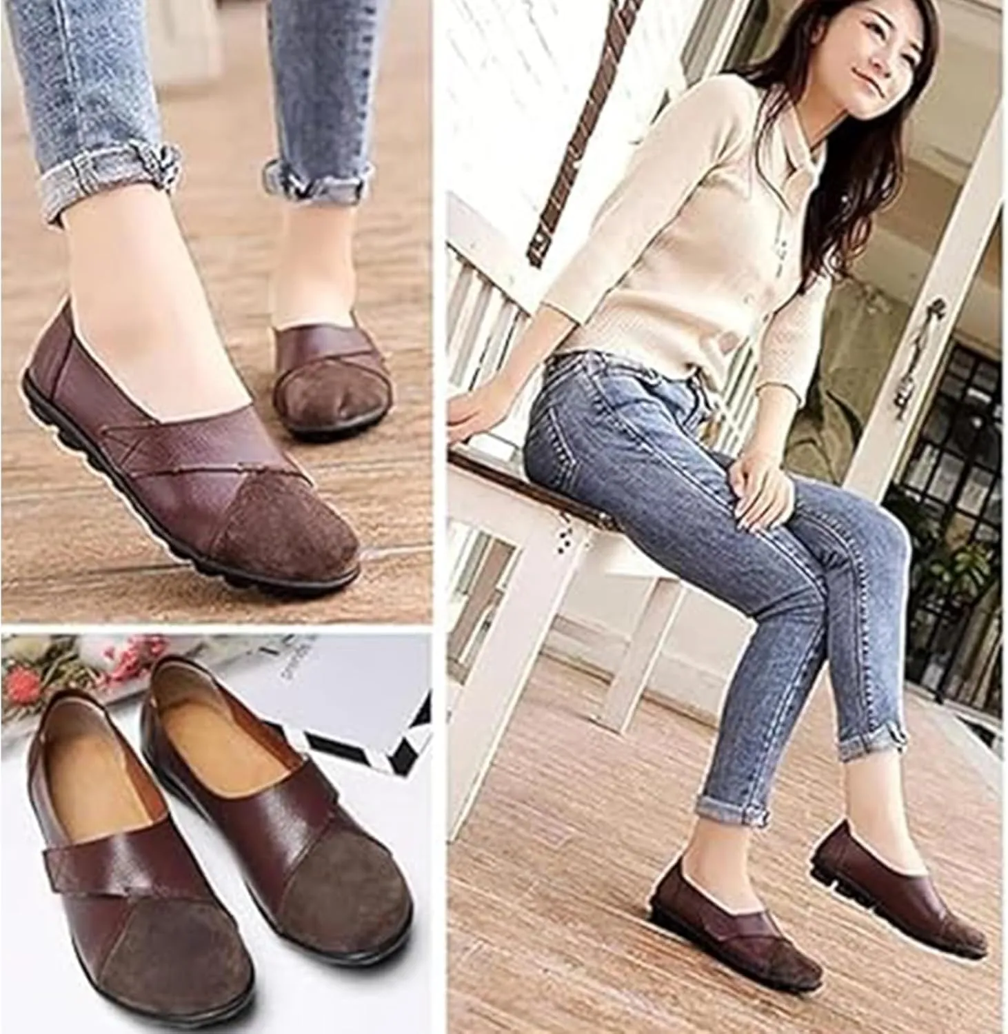 Ladies Leather Slip On Flat Loafers, Low Top Casual Walking Nurse Shoes, Outdoor Versatile Trendy Driving Shoes, Easy On Comfy Large Size Moccasins Walking Shoes(Size:11.5,Color:Light Blue)