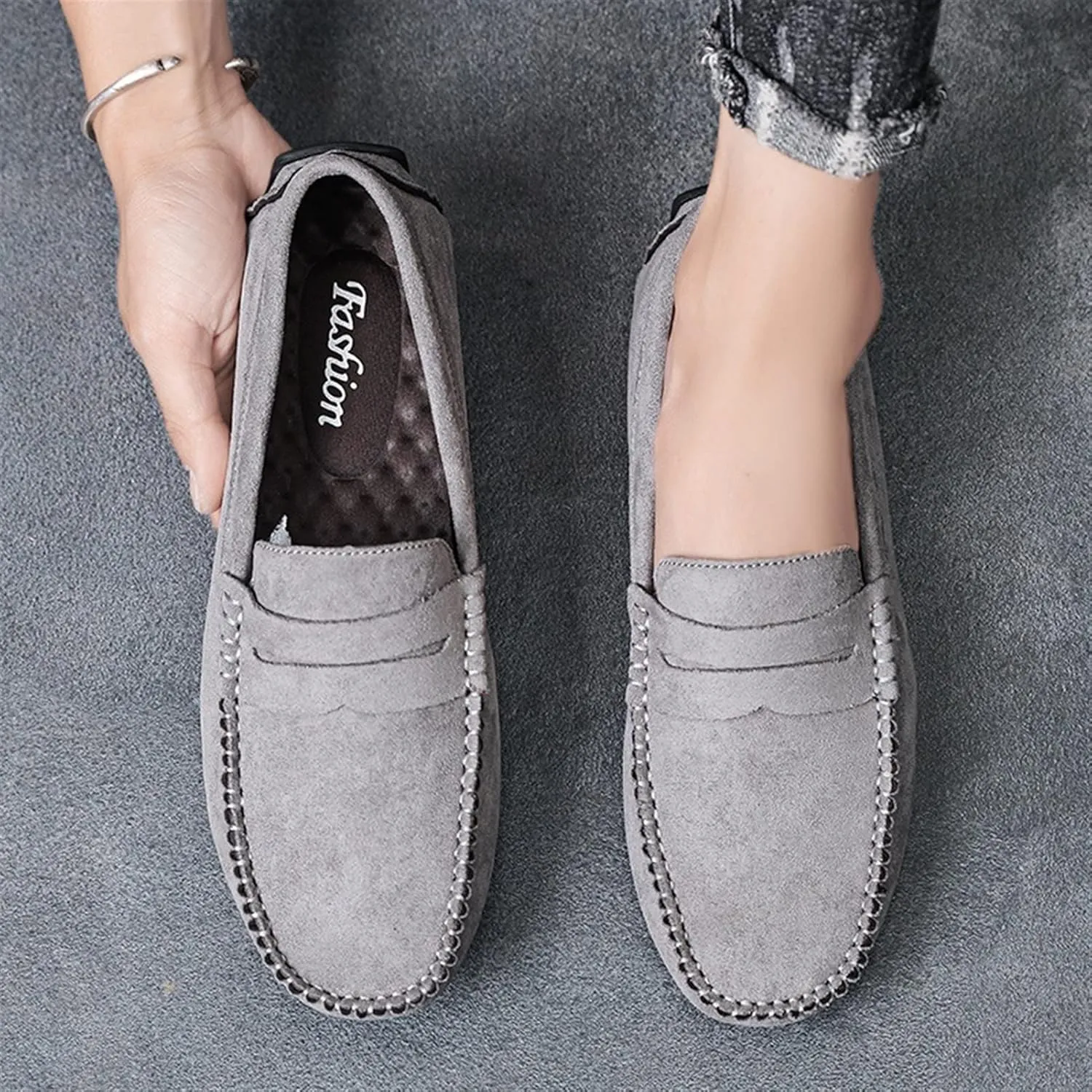 Loafers for Men Suede Vamp Penny Loafer Stitching Details Round Toe Slip Resistant Comfortable Anti-Slip Prom Slip-on