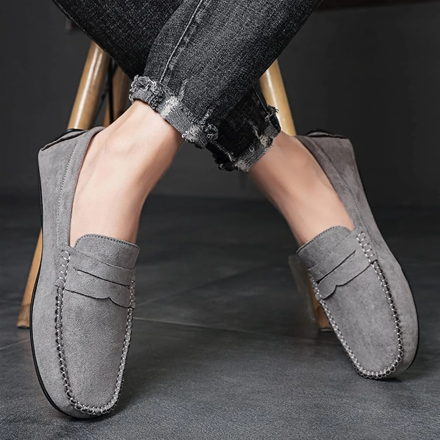 Loafers for Men Suede Vamp Penny Loafer Stitching Details Round Toe Slip Resistant Comfortable Anti-Slip Prom Slip-on
