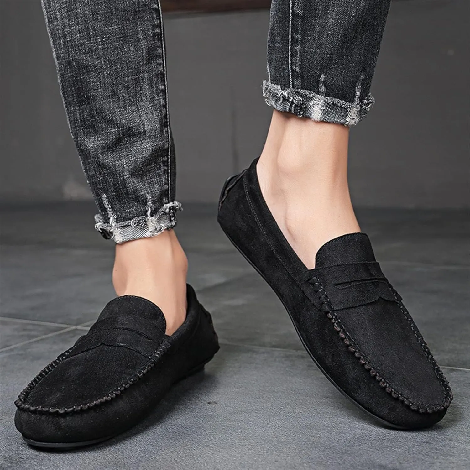 Loafers for Men Suede Vamp Penny Loafer Stitching Details Round Toe Slip Resistant Comfortable Anti-Slip Prom Slip-on