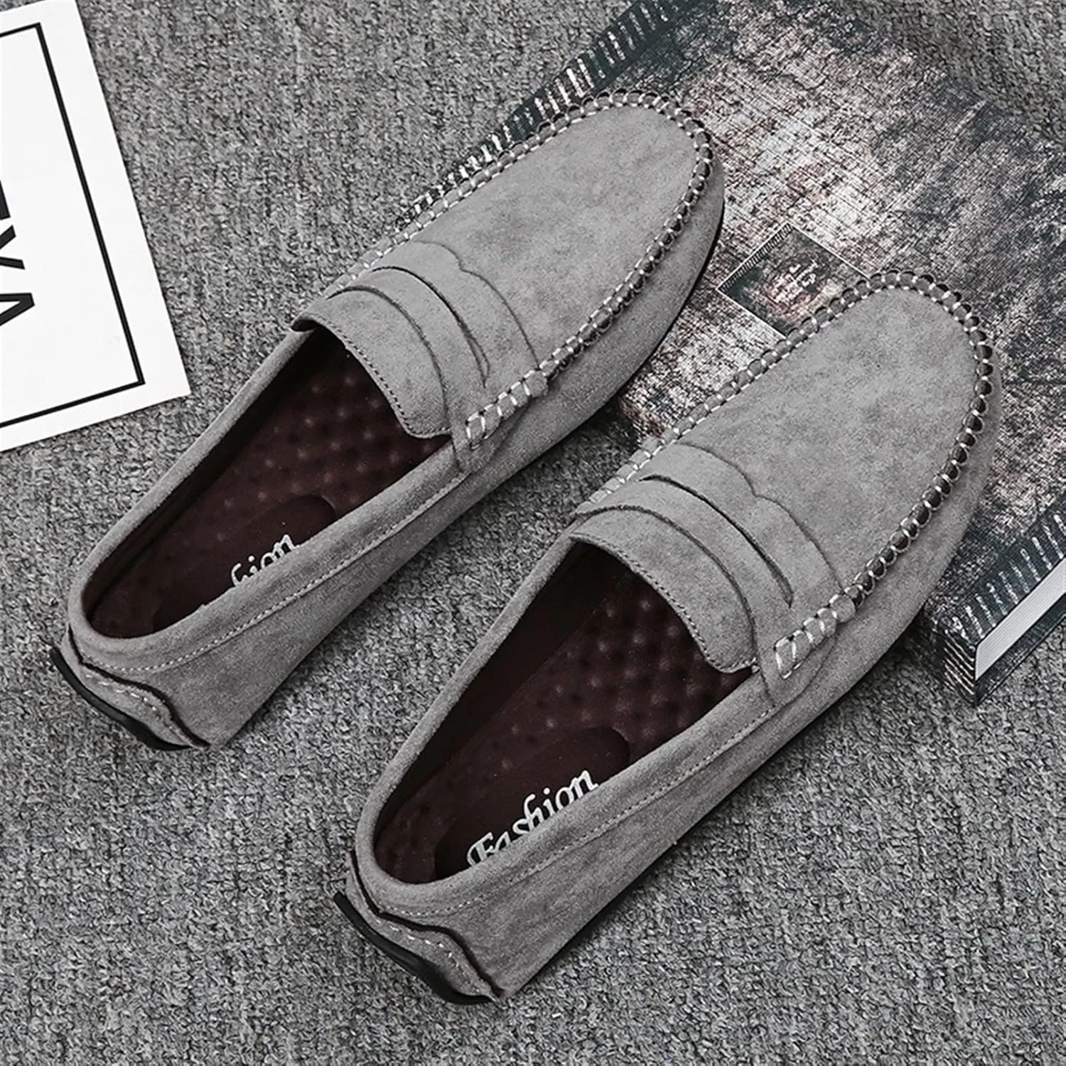 Loafers for Men Suede Vamp Penny Loafer Stitching Details Round Toe Slip Resistant Comfortable Anti-Slip Prom Slip-on