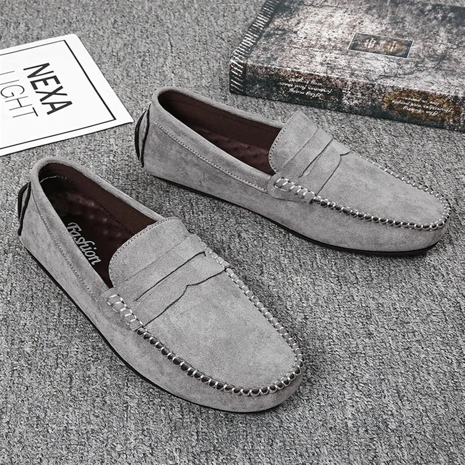 Loafers for Men Suede Vamp Penny Loafer Stitching Details Round Toe Slip Resistant Comfortable Anti-Slip Prom Slip-on