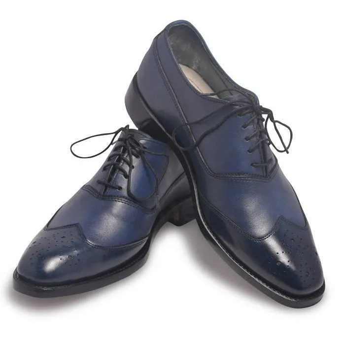 Men Oxford Blue Two-Tone Leather Shoes with Brogue Wingtip