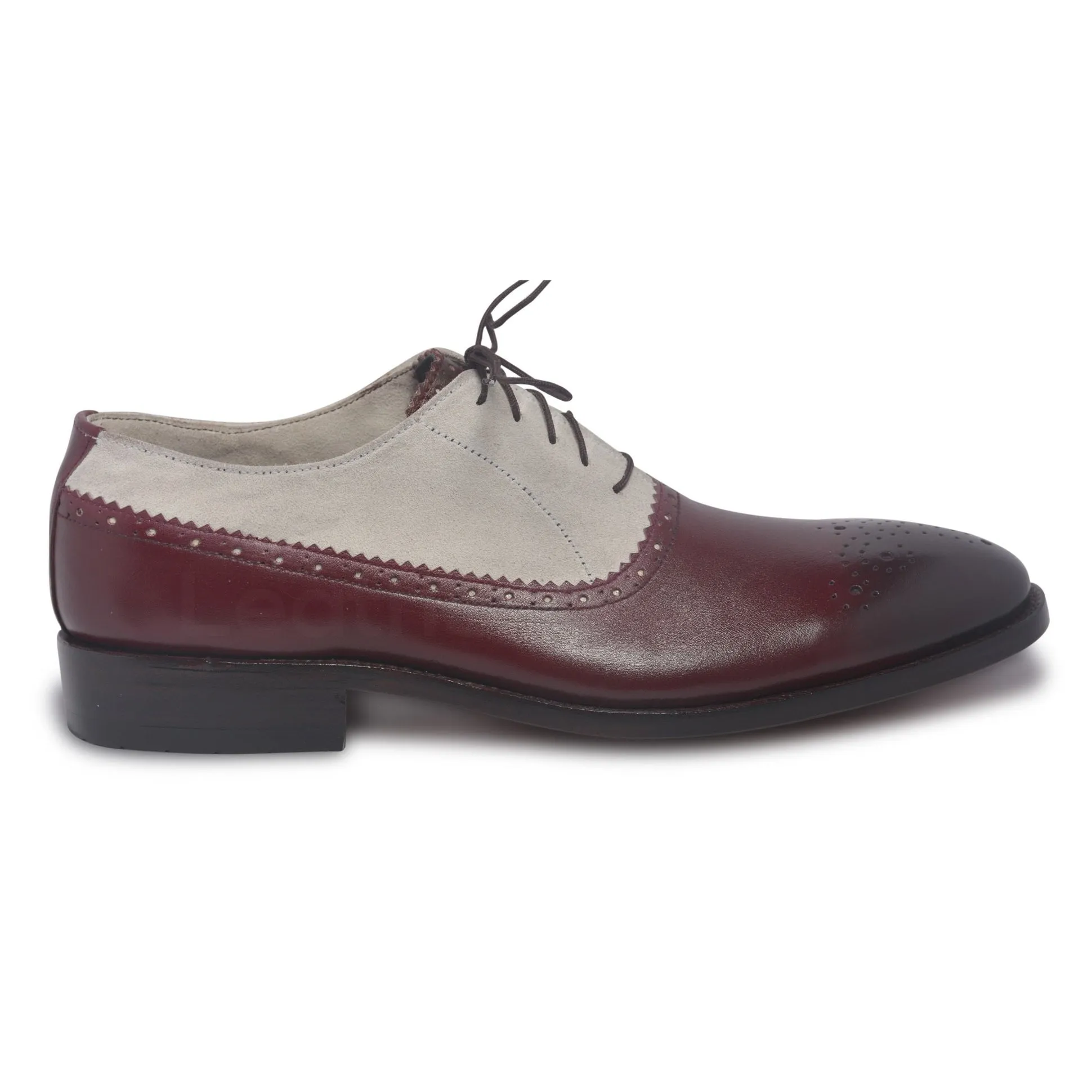 Men Two Tone Red Brogue Leather Shoes with Suede Quarter