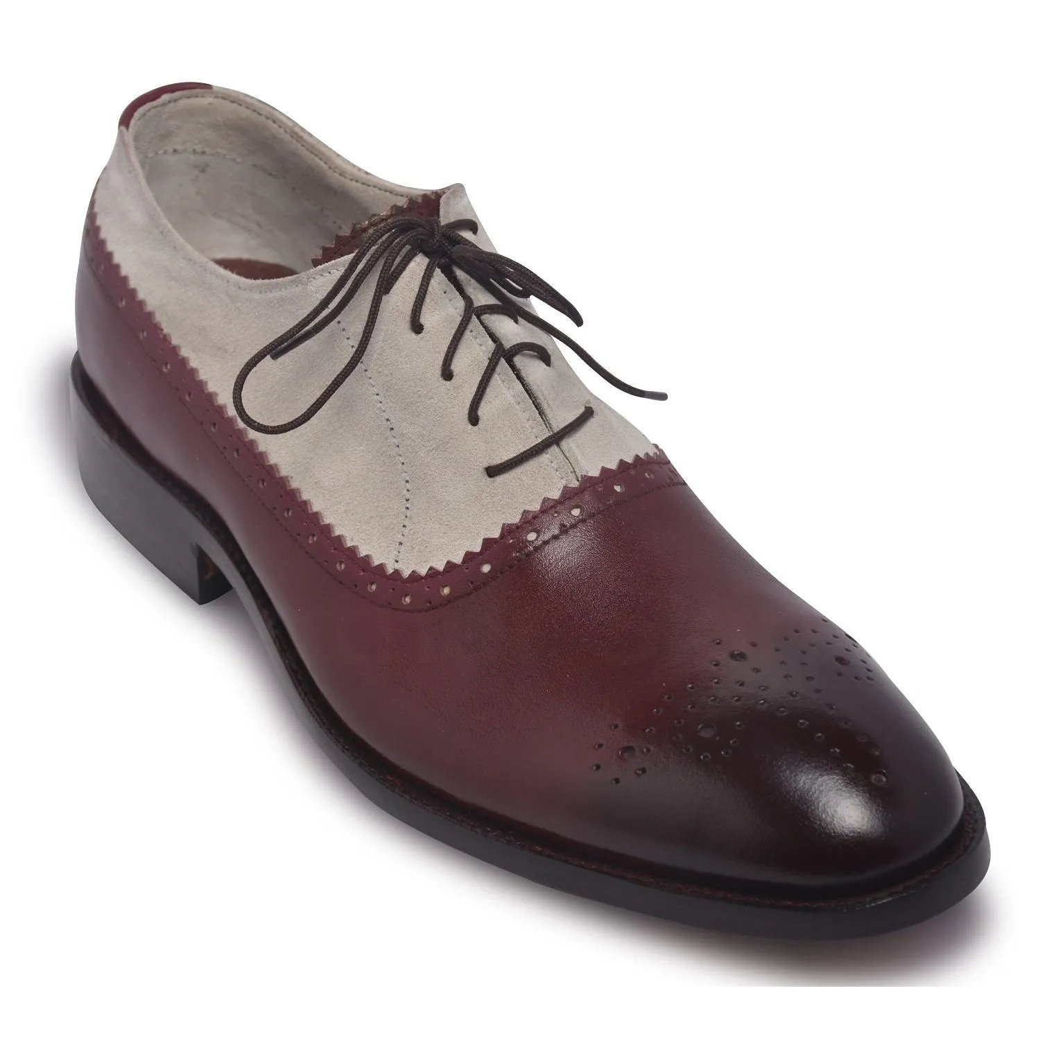 Men Two Tone Red Brogue Leather Shoes with Suede Quarter