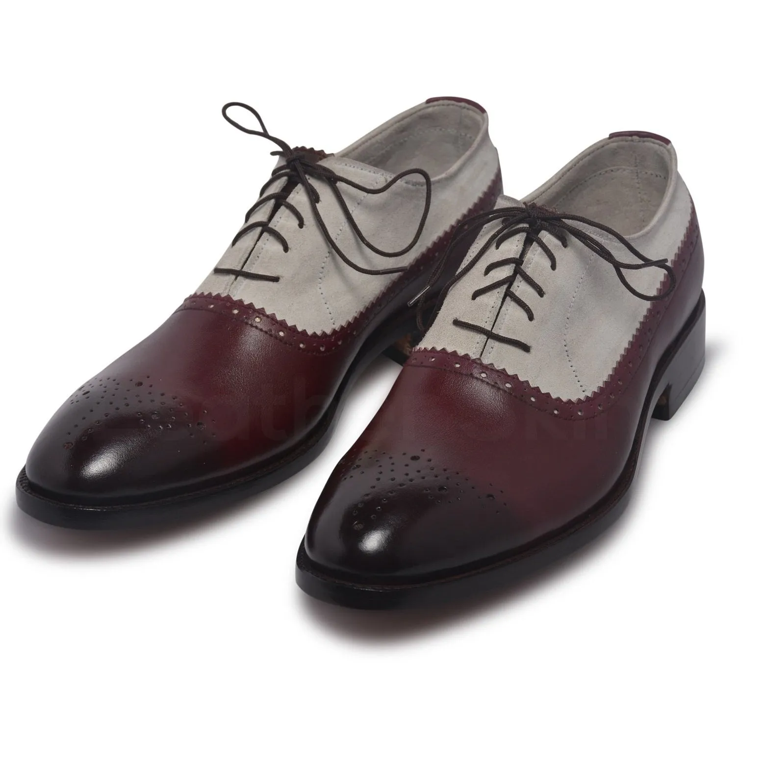 Men Two Tone Red Brogue Leather Shoes with Suede Quarter