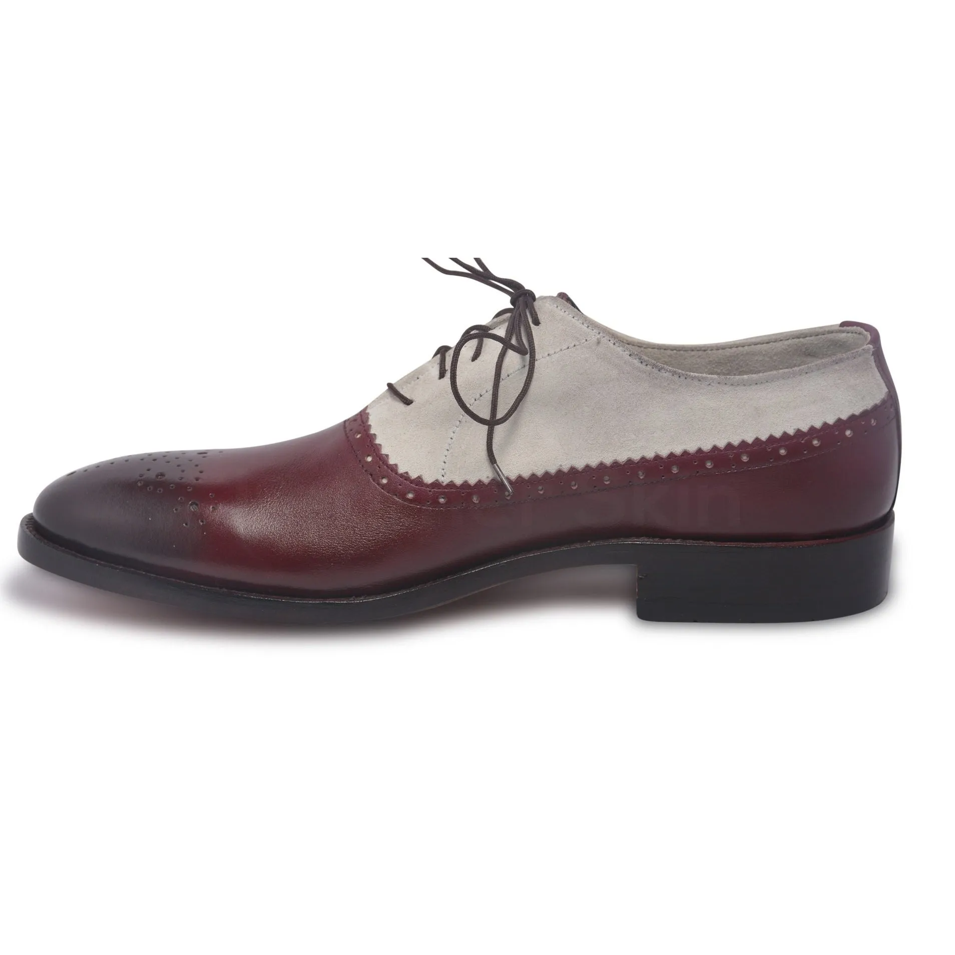 Men Two Tone Red Brogue Leather Shoes with Suede Quarter