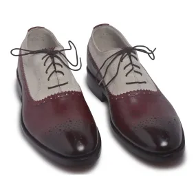 Men Two Tone Red Brogue Leather Shoes with Suede Quarter