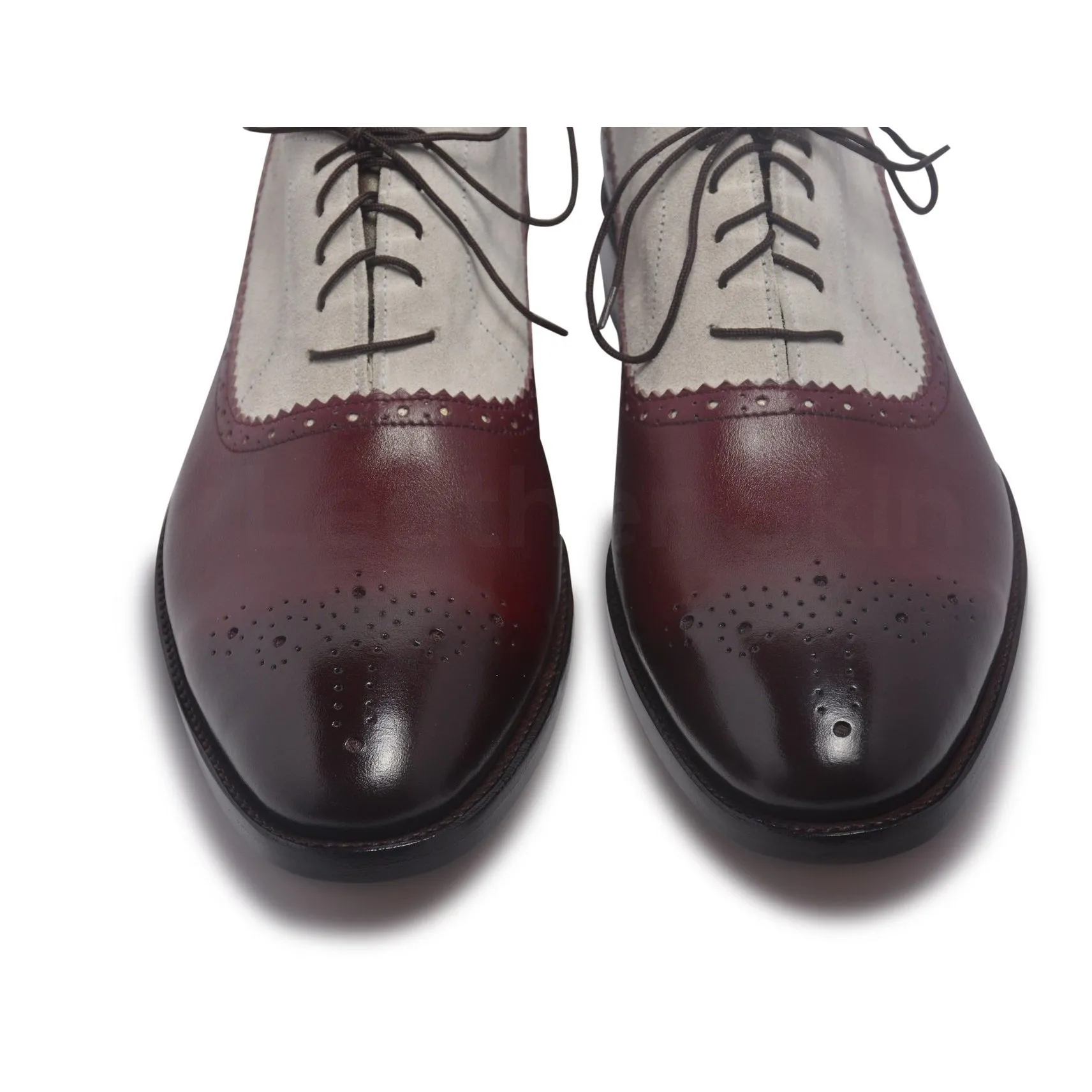 Men Two Tone Red Brogue Leather Shoes with Suede Quarter