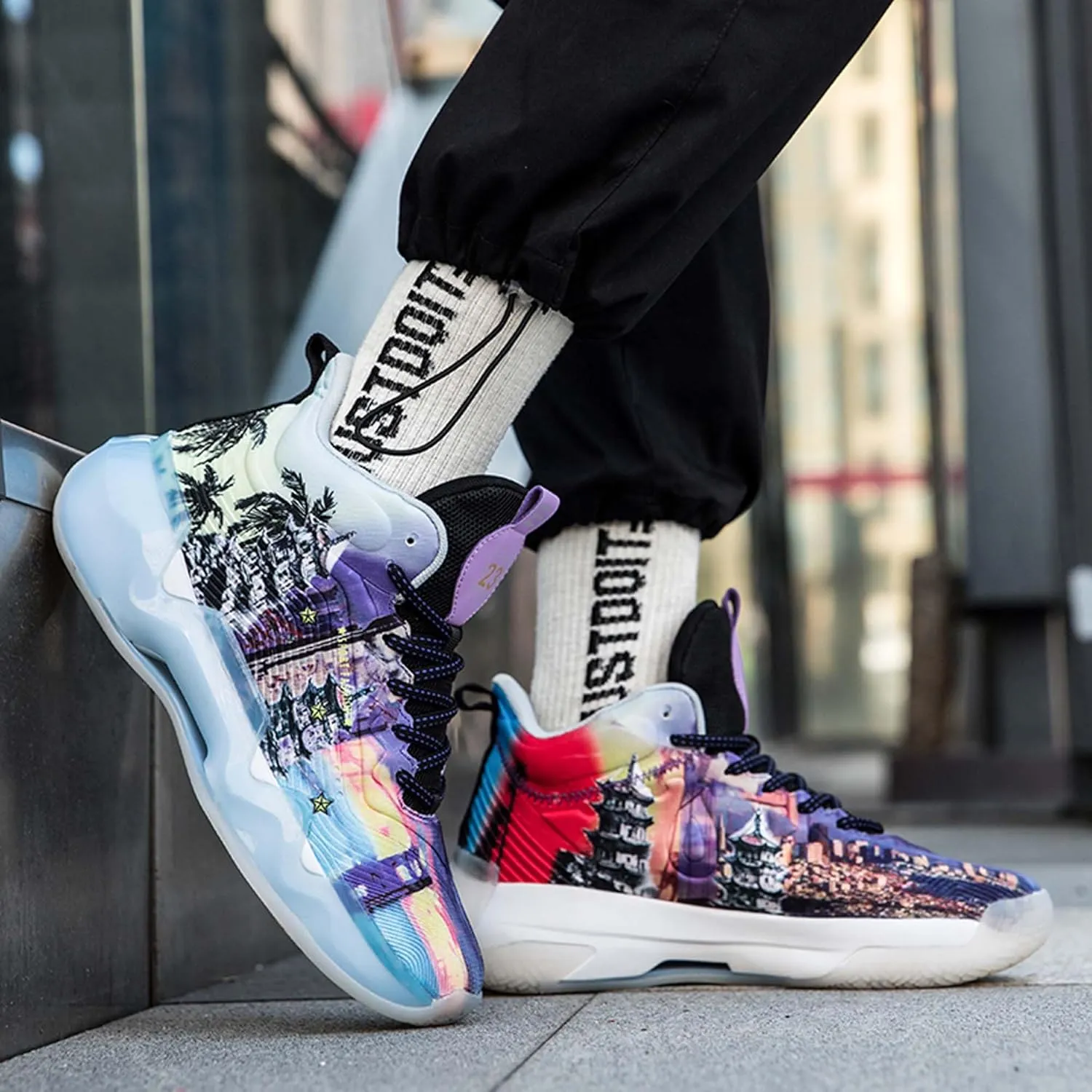 Mens and Womens Mid Top Lace Up Basketball Sneakers Comfortable and Breathable Running Shoes Anti Slip and Wear Resistant Walking Shoes Couple Park Walking Shoes Fitness Training Shoes