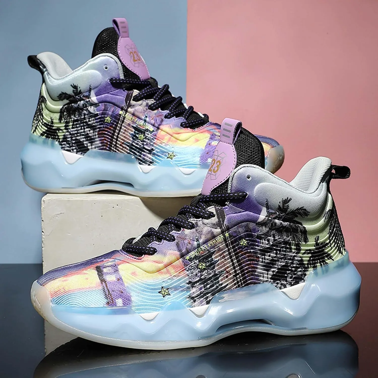 Mens and Womens Mid Top Lace Up Basketball Sneakers Comfortable and Breathable Running Shoes Anti Slip and Wear Resistant Walking Shoes Couple Park Walking Shoes Fitness Training Shoes