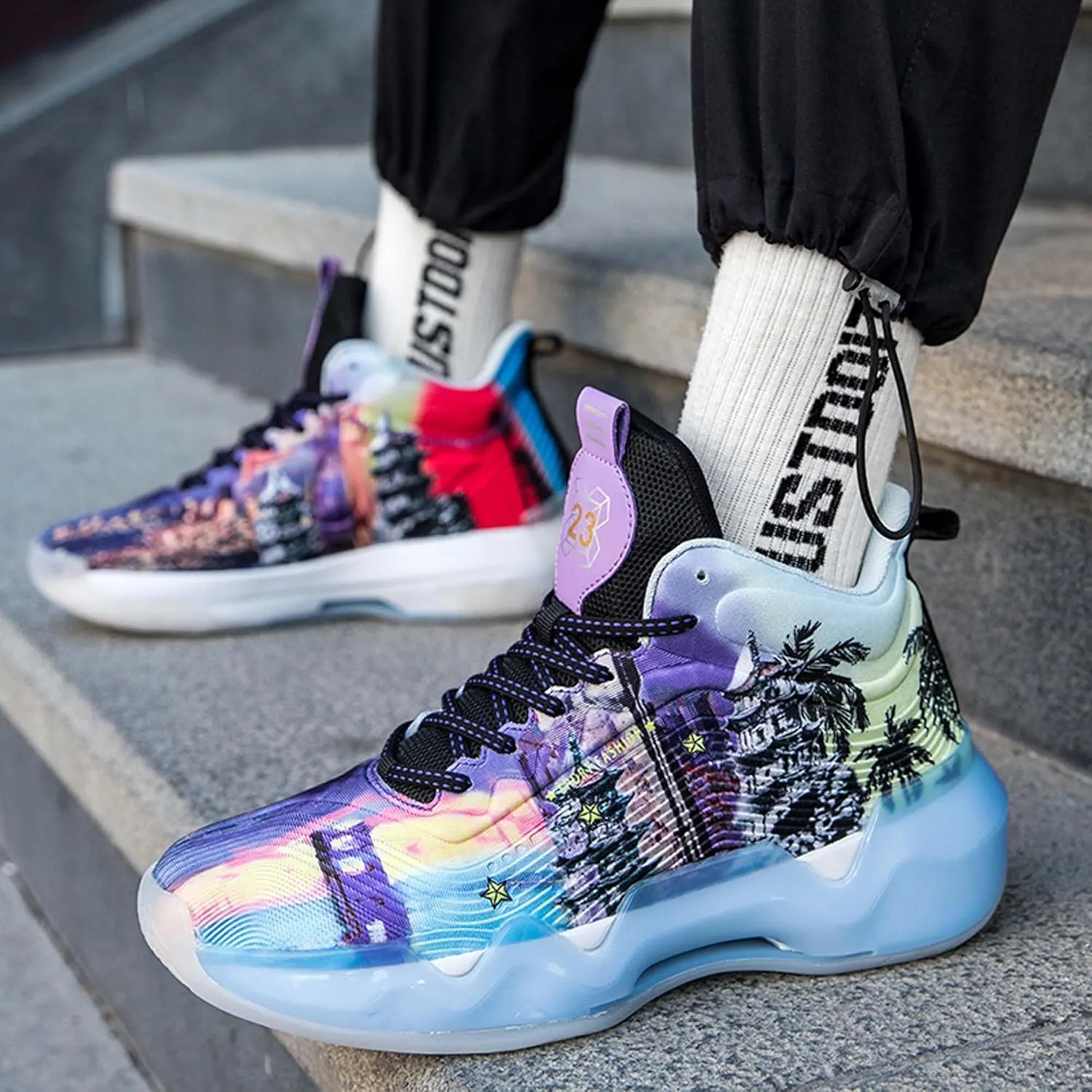 Mens and Womens Mid Top Lace Up Basketball Sneakers Comfortable and Breathable Running Shoes Anti Slip and Wear Resistant Walking Shoes Couple Park Walking Shoes Fitness Training Shoes