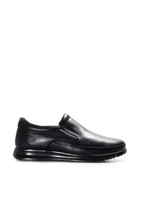Men's Black Leather Slip-On Loafers with Textured Sole and Fur Lining - Wessi