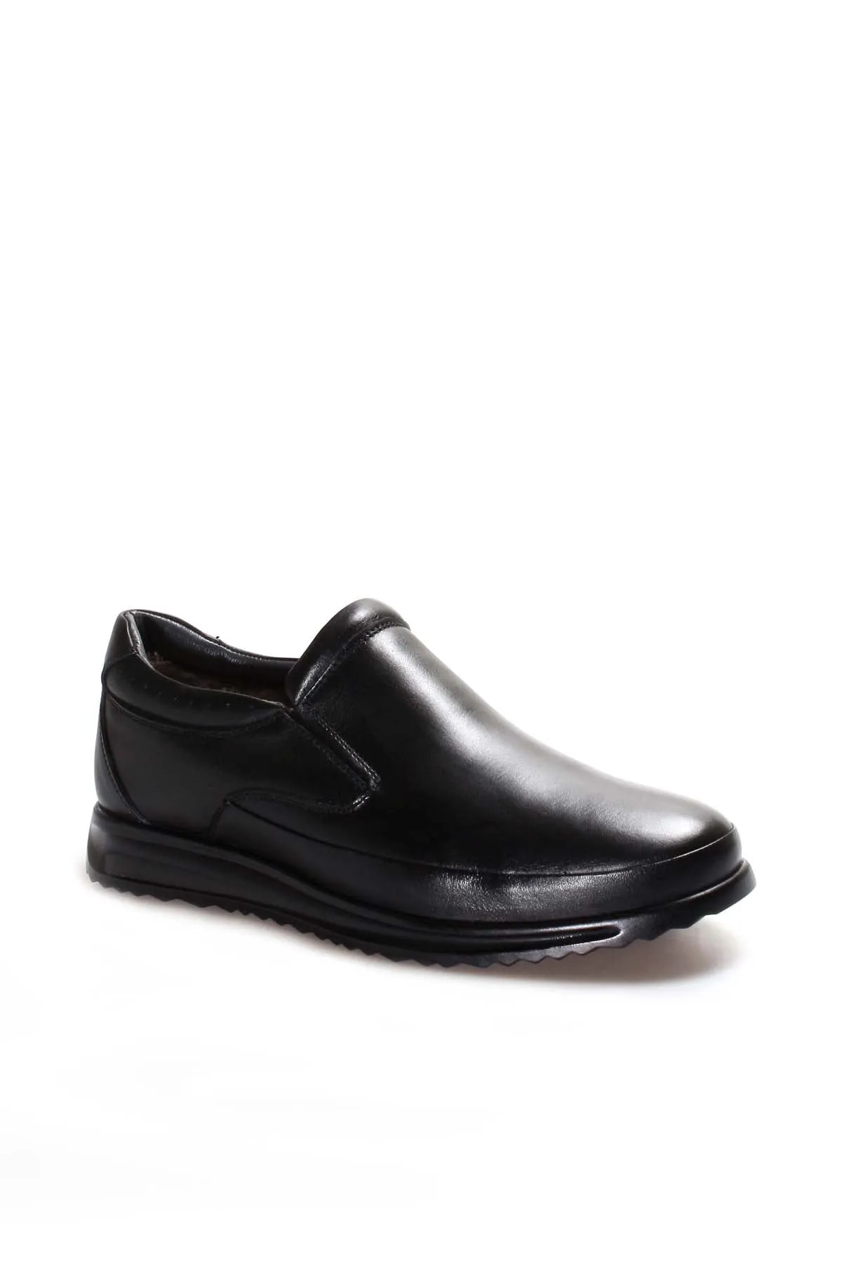 Men's Black Leather Slip-On Loafers with Textured Sole and Fur Lining - Wessi