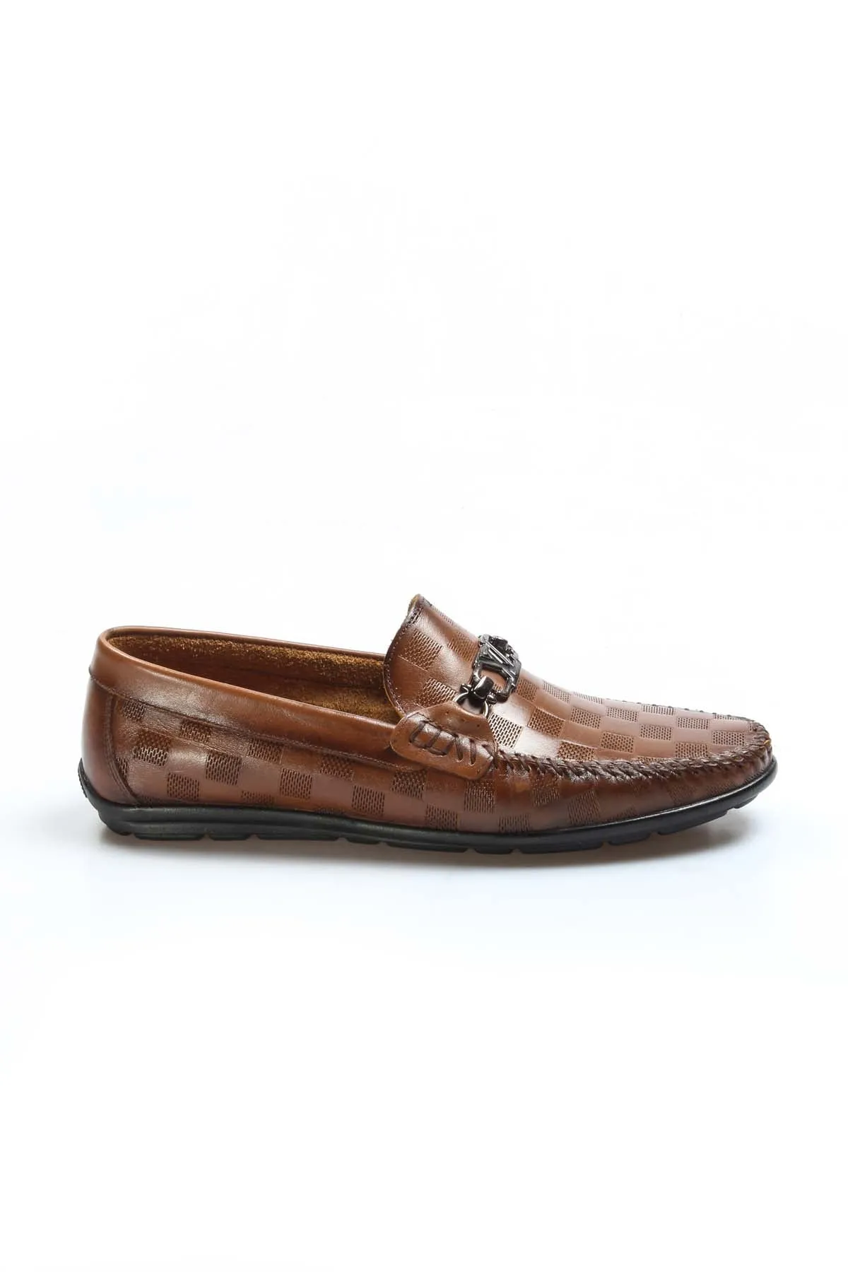 Men's Brown Checkered Leather Loafers-Wessi