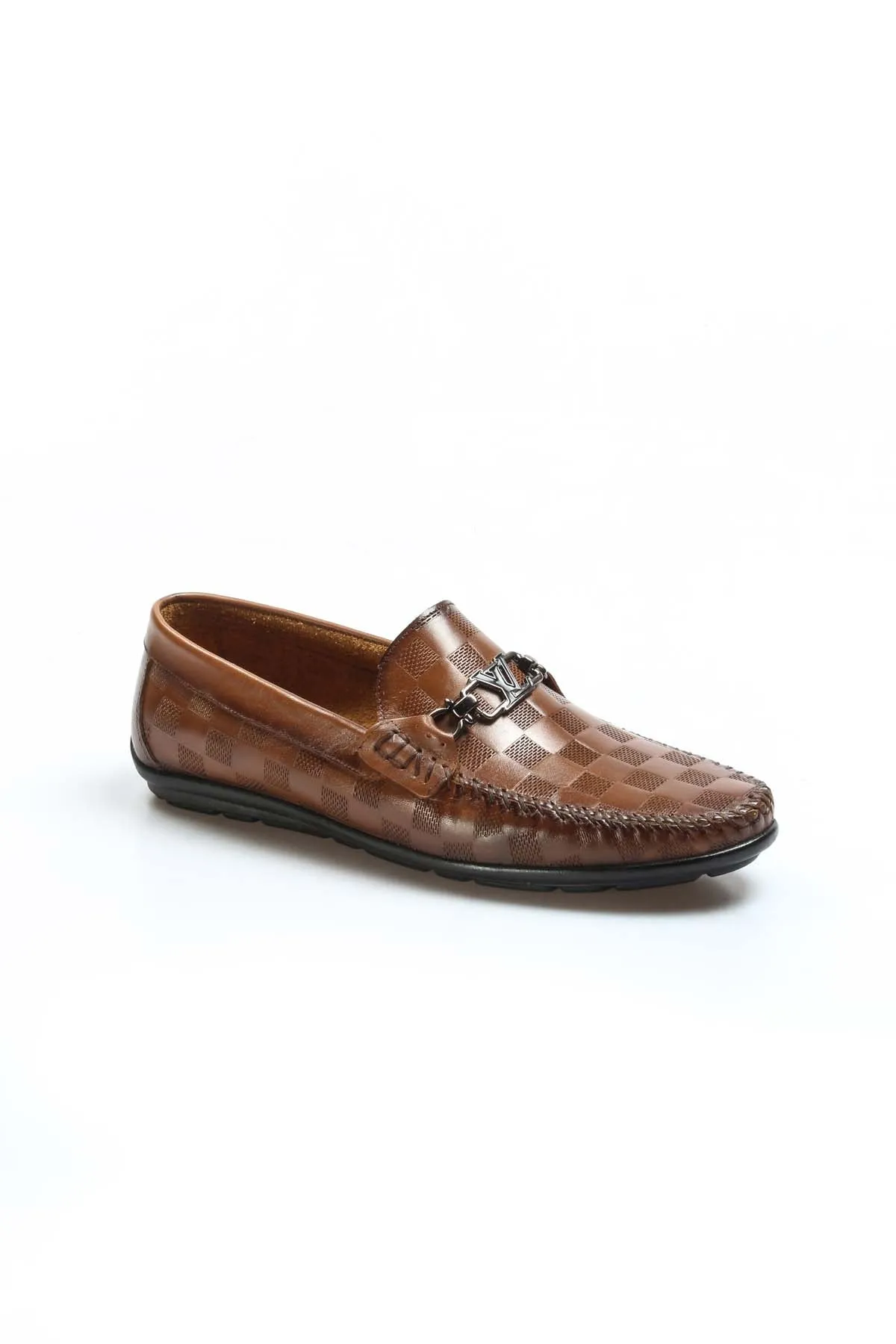 Men's Brown Checkered Leather Loafers-Wessi