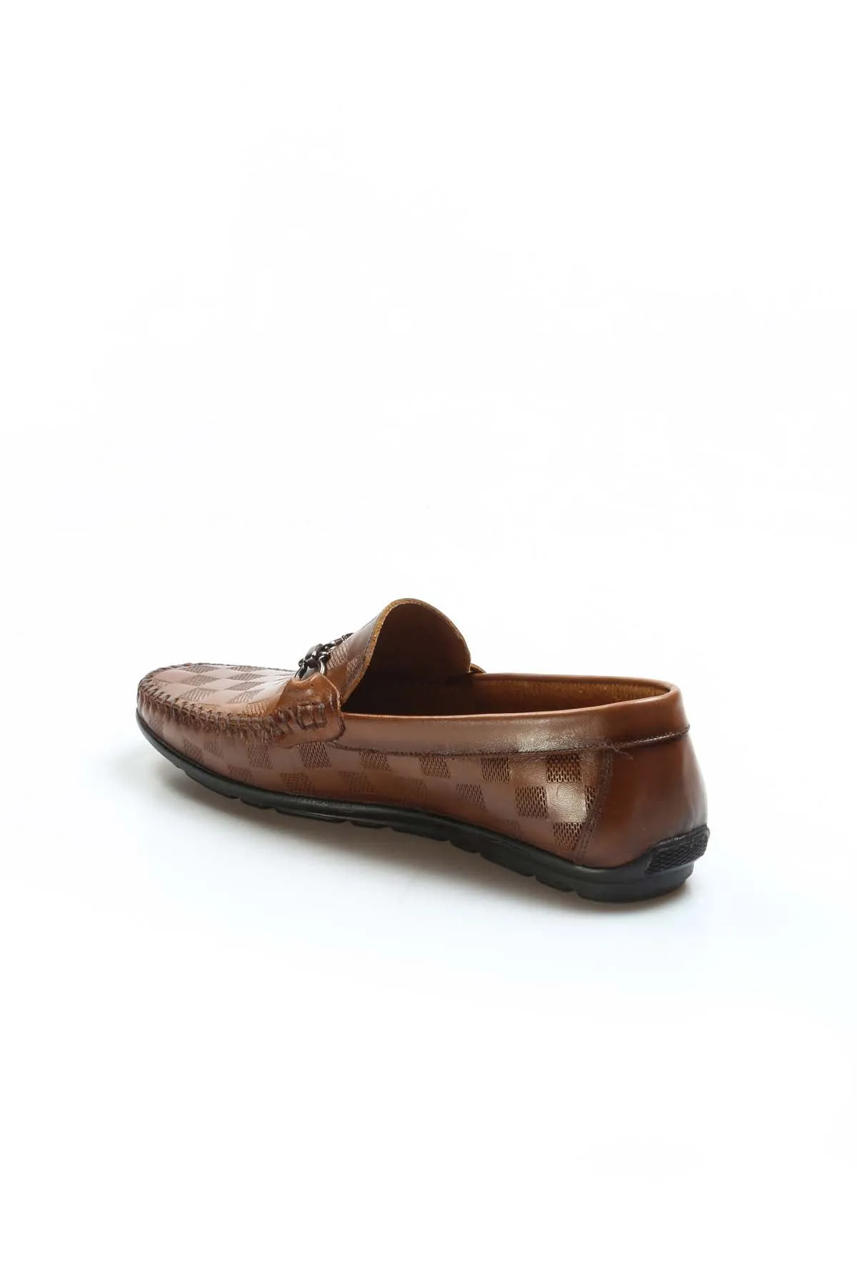Men's Brown Checkered Leather Loafers-Wessi