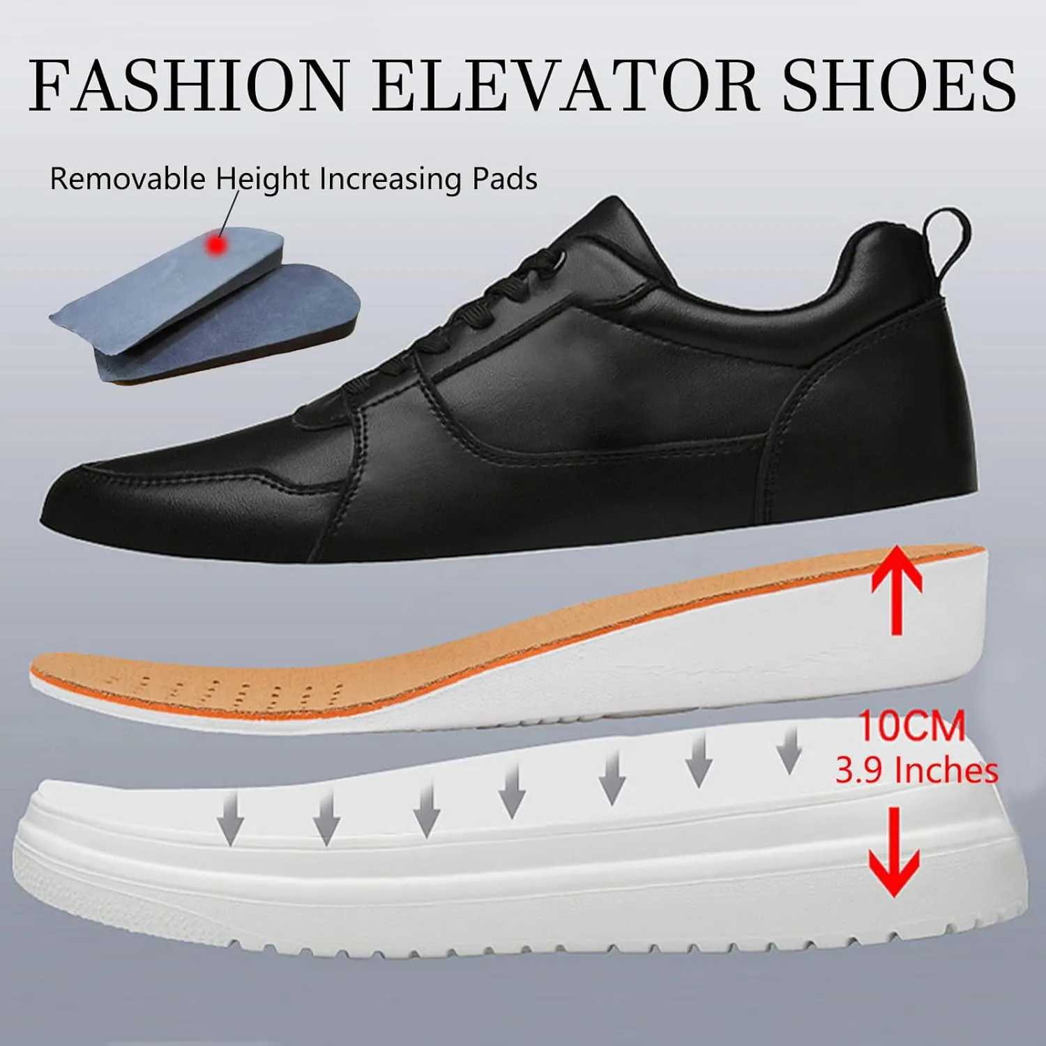 Men's Invisible Height Increasing Leather Sneakers Classic Lace Up 3.9 Inches Taller Fashion Elevator Shoes Breathable Casual Shoes