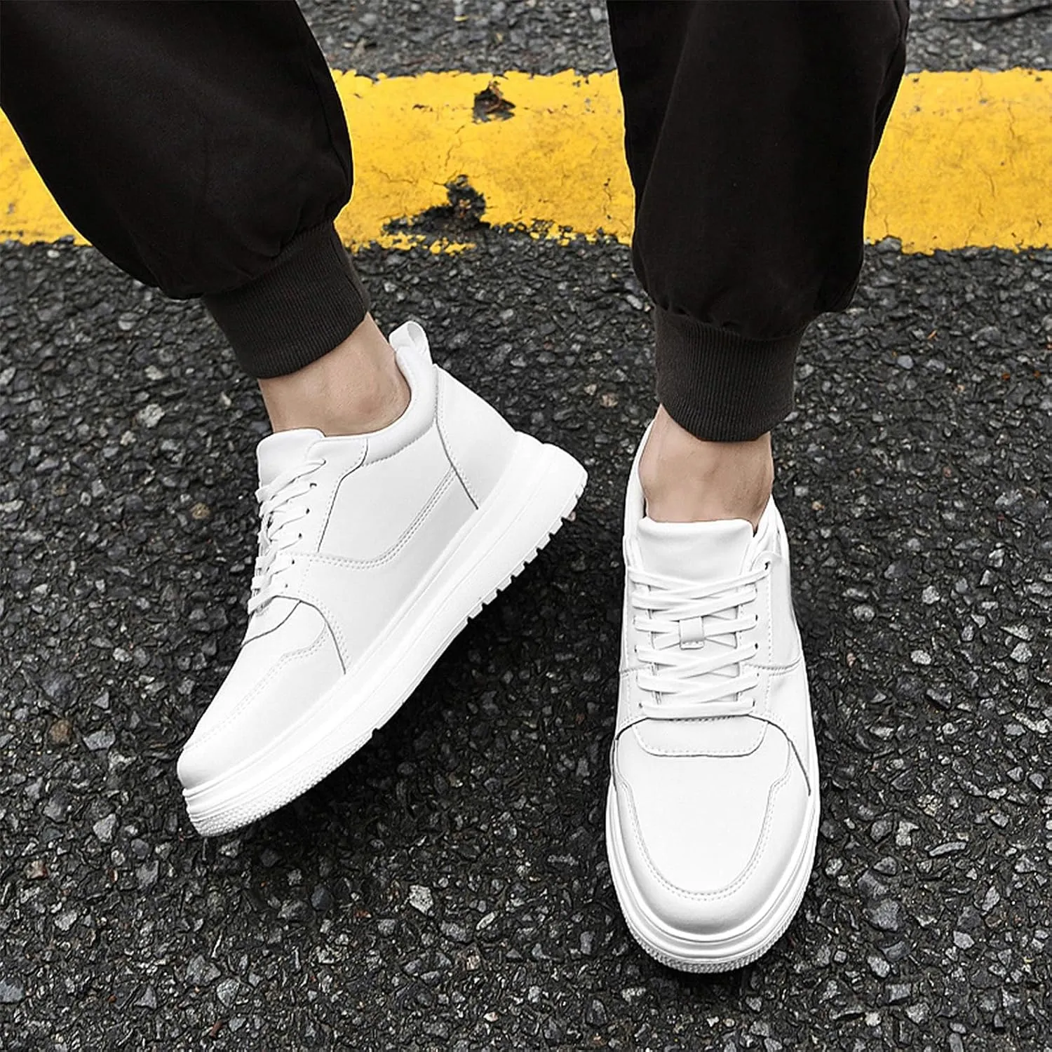 Men's Invisible Height Increasing Leather Sneakers Classic Lace Up 3.9 Inches Taller Fashion Elevator Shoes Breathable Casual Shoes