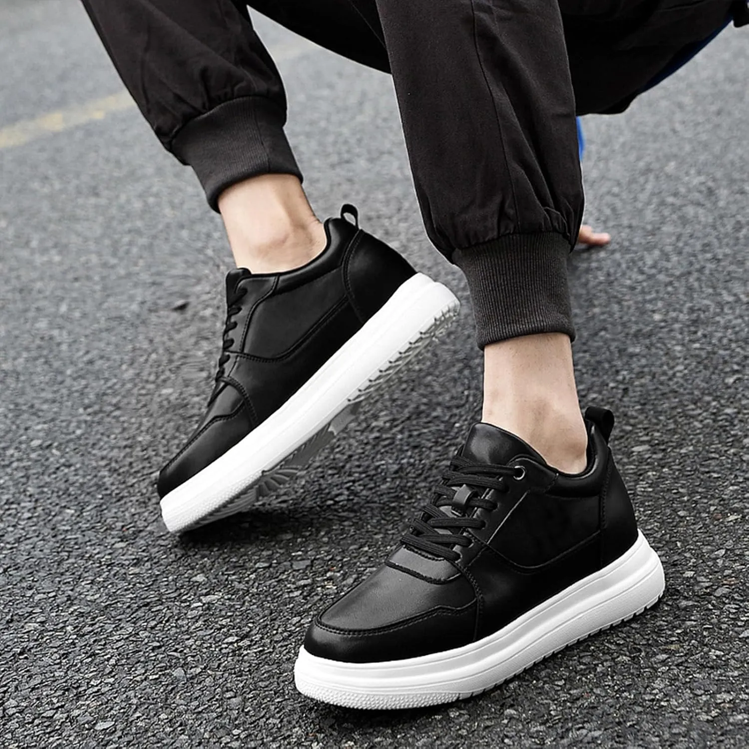 Men's Invisible Height Increasing Leather Sneakers Classic Lace Up 3.9 Inches Taller Fashion Elevator Shoes Breathable Casual Shoes