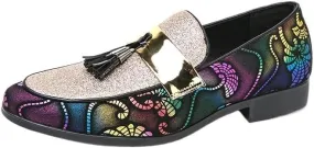 Mens Loafers Metallic Glitter Slip-on Smoking Shoes Moccasins Leather Dress Shoes
