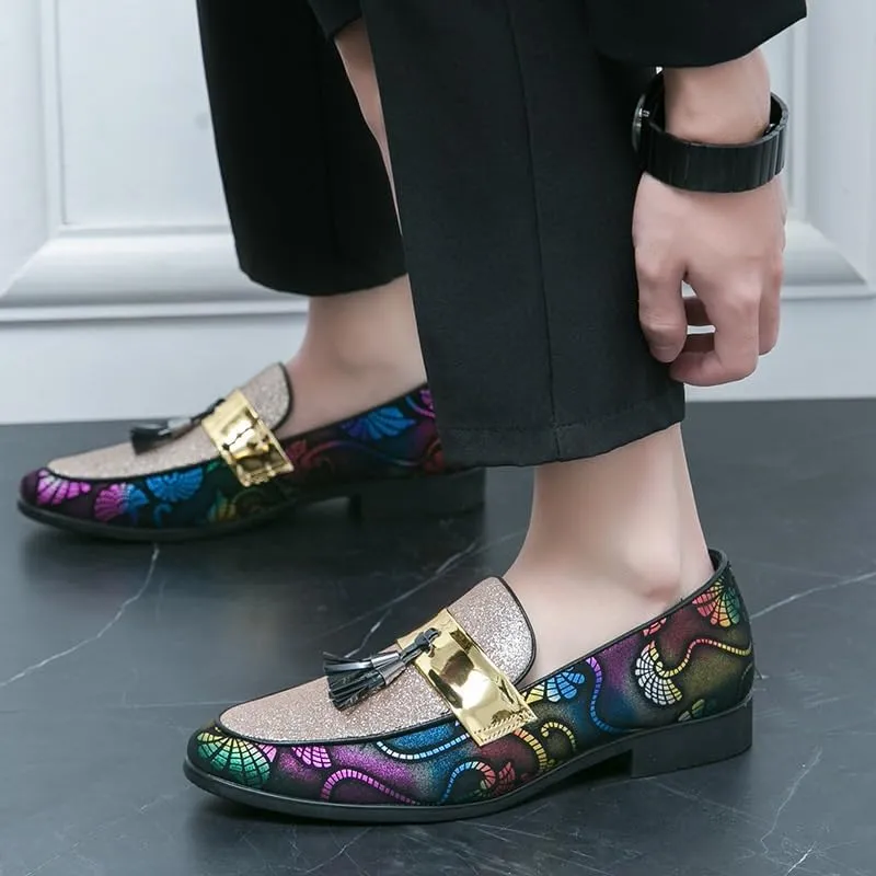 Mens Loafers Metallic Glitter Slip-on Smoking Shoes Moccasins Leather Dress Shoes
