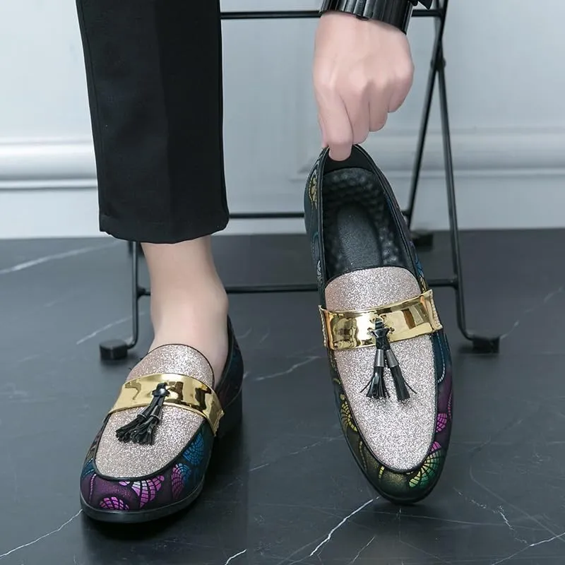 Mens Loafers Metallic Glitter Slip-on Smoking Shoes Moccasins Leather Dress Shoes
